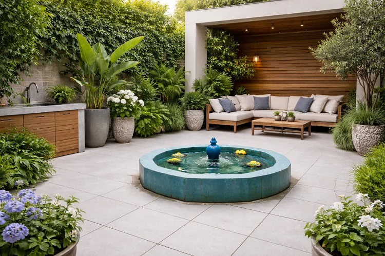 کاشی کف حیاط در فضای سبز